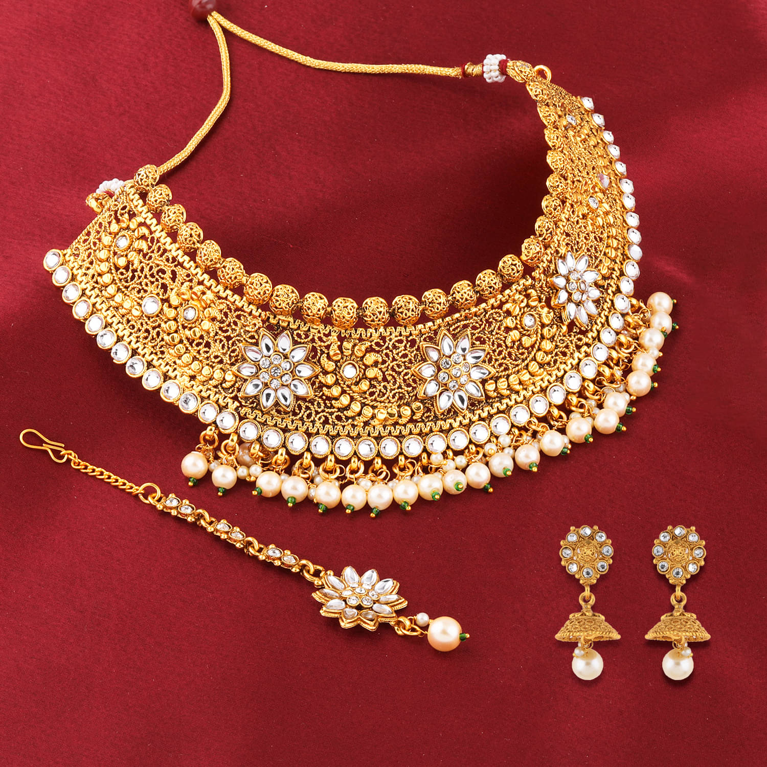 Silver Shine Alloy Golden Choker Traditional Gold Plated Necklaces Set Silver Shine Alloy Golden Choker Traditional Gold Plated Necklaces Set