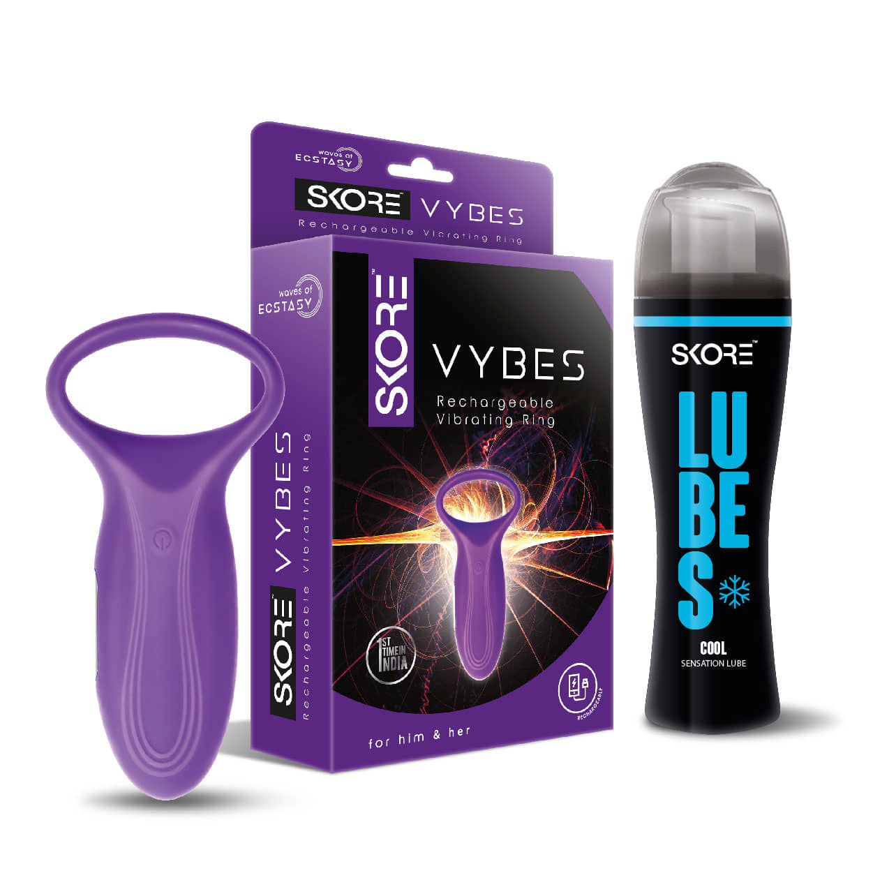 Skore Vybes Vibration Ring for Him & Her (Rechargeable) and Skore Cool Lube  50 ml