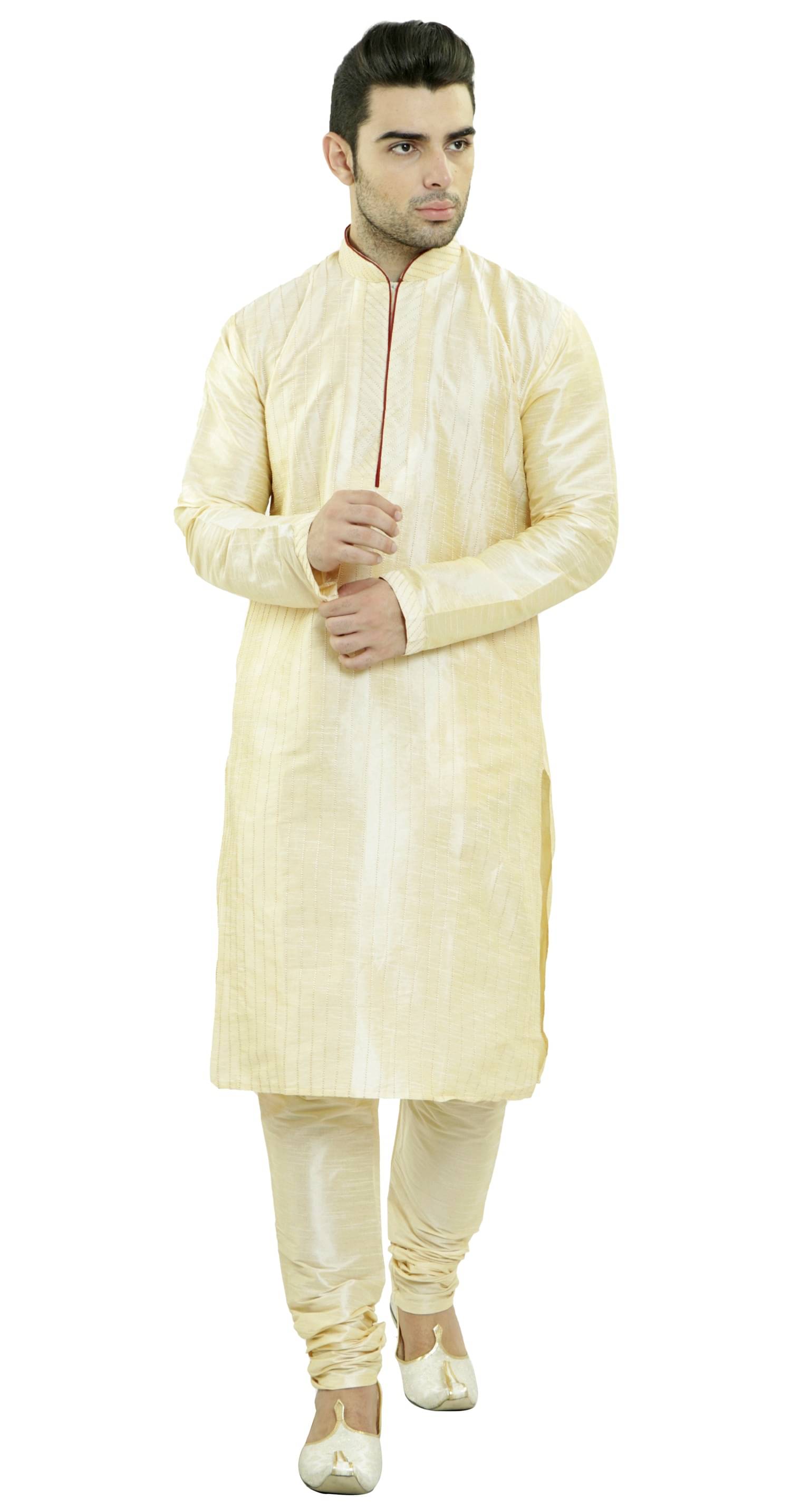     			SKAVIJ Beige Silk Blend Kurta Pyjama Set