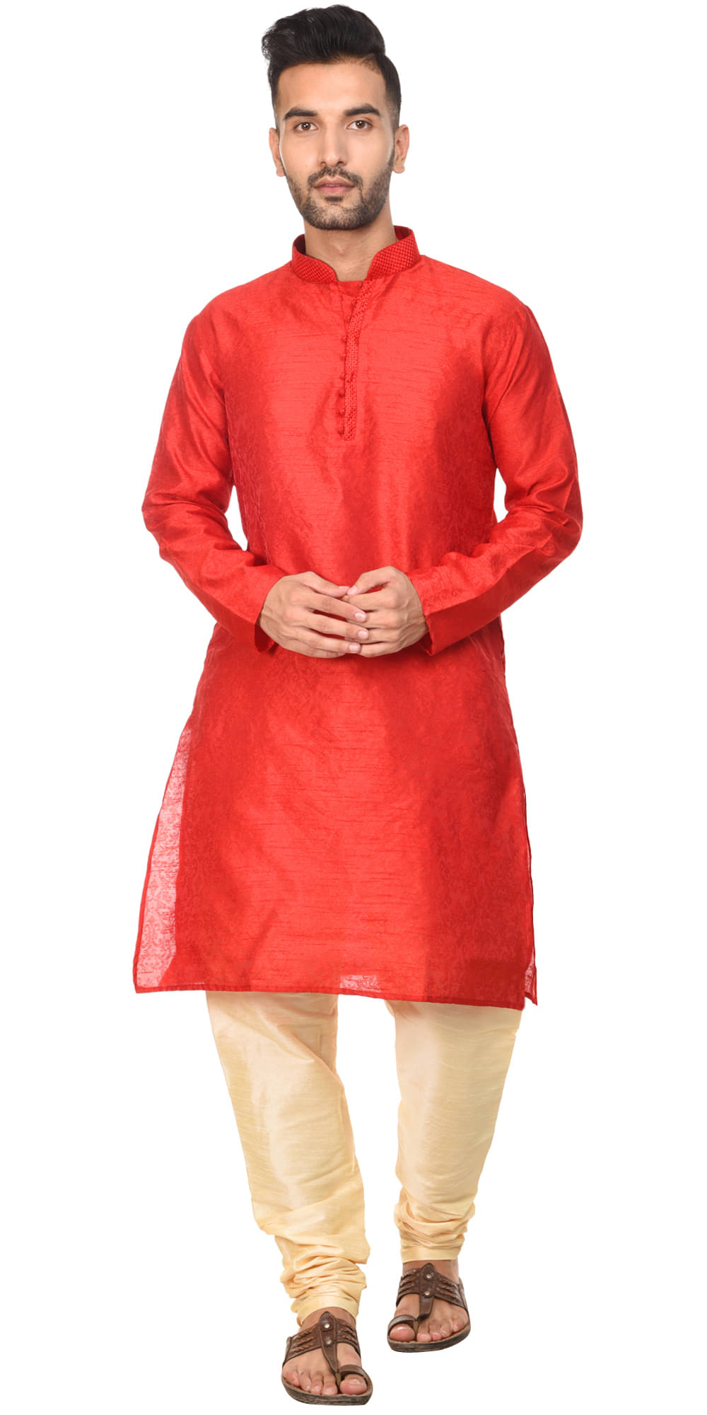 SKAVIJ Red Silk Blend Kurta Pyjama Set SKAVIJ Red Silk Blend Kurta Pyjama Set