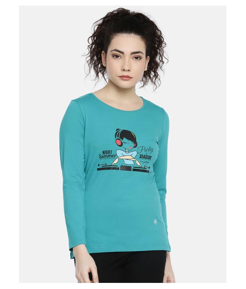 Dollar Missy Women Cotton Printed Slim Fit Round Neck T-Shirt ( Green )