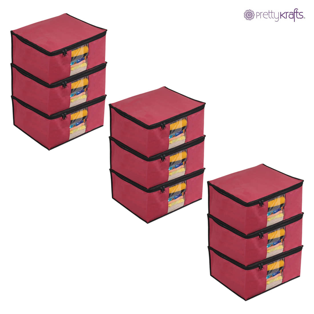 PrettyKrafts Non Woven Saree Cover Storage Bags Premium Quality Saree Organizer for Wardrobe/Cloth Organizer Pack of 9 - Maroon - Handbags | Buy online on ZillyBuy