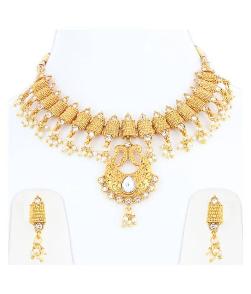 Silver Shine Alloy Golden Choker Traditional Gold Plated Necklaces Set