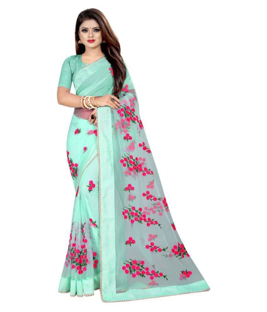 GOROLY Georgette Saree With Unstitched Blouse Piece ( Green ) - Sarees | Buy online on ZillyBuy