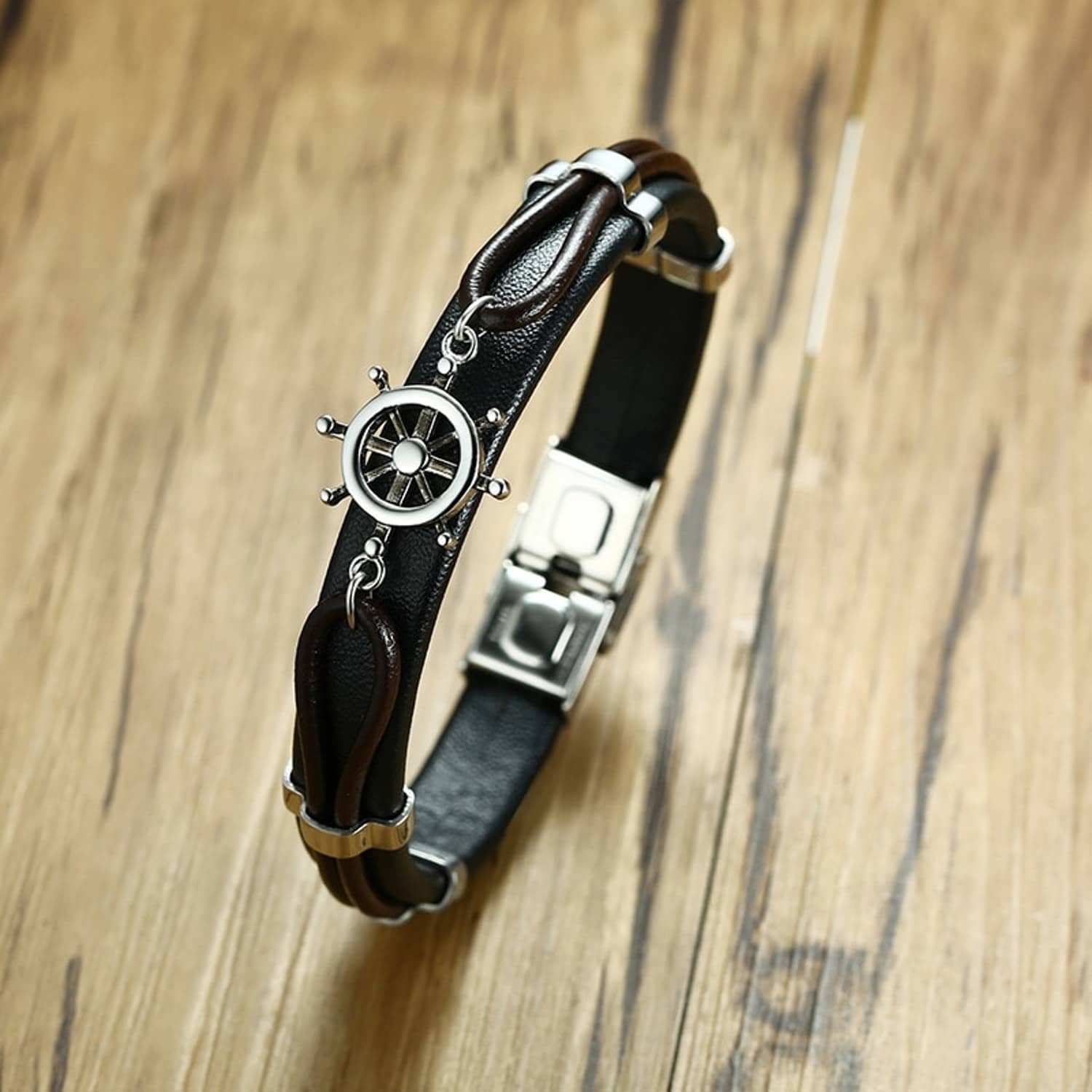 ZIVOM® Anchor Rudder Sailor Navy Ship 316L Surgical Stainless Steel Genuine Black Leather Bracelet Wrist Band For Boys Men - Bangles & Bracelets | Buy online on ZillyBuy