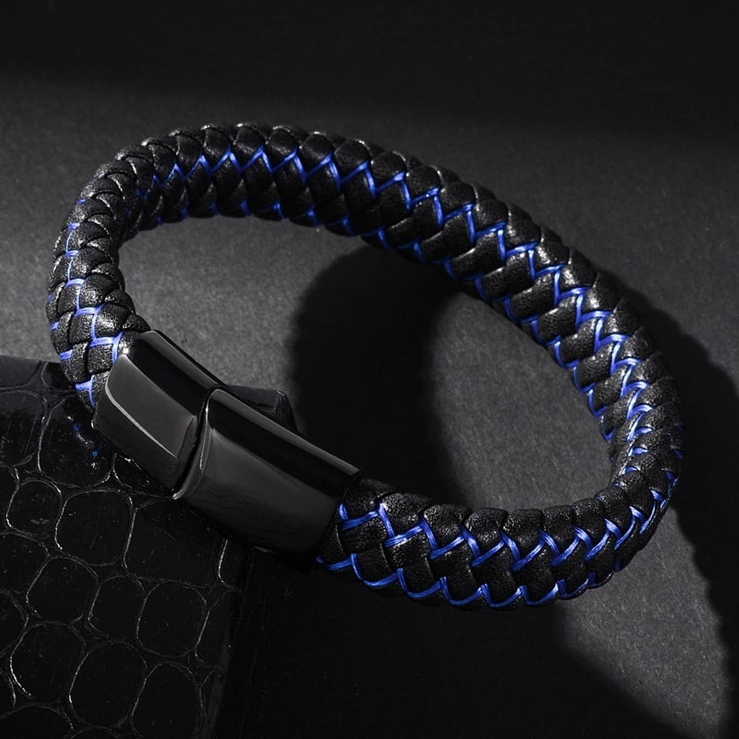 ZIVOM® Braided Blue Black High Quality Genuine Leather 316L Surgical Stainless Steel Wrist Band Strap Bracelet For Boys Men - Bangles & Bracelets | Buy online on ZillyBuy