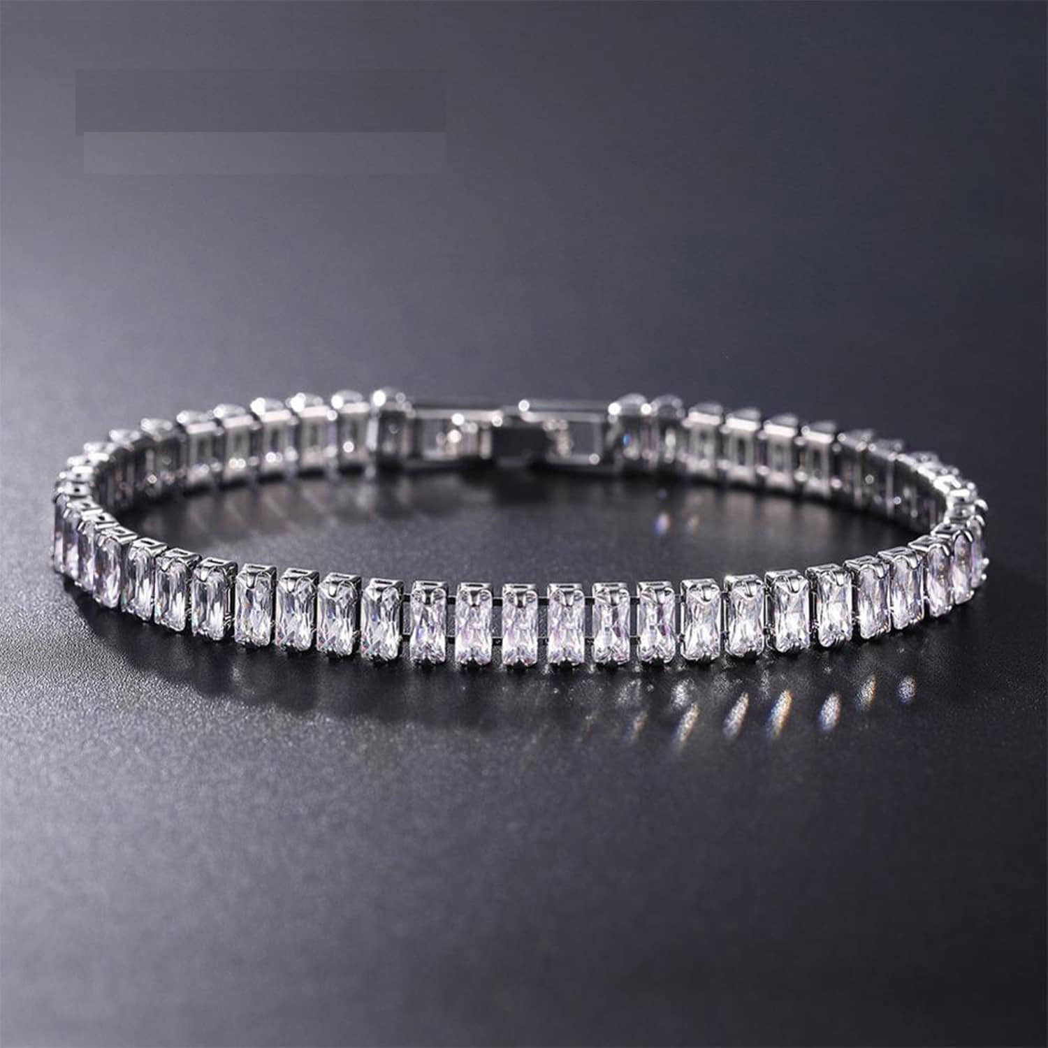 ZIVOM® Sylish Smooth Flexible Dainty Silver Baguette Cubic Zirconia American Diamond Cz Tennis Bracelet For Women Girls - Bangles & Bracelets | Buy online on ZillyBuy