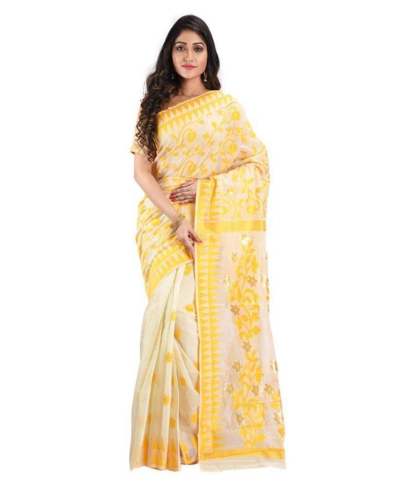 Desh Bidesh Jamdani Saree With Unstitched Blouse Piece ( White,Yellow ) Desh Bidesh Jamdani Saree With Unstitched Blouse Piece ( White,Yellow )