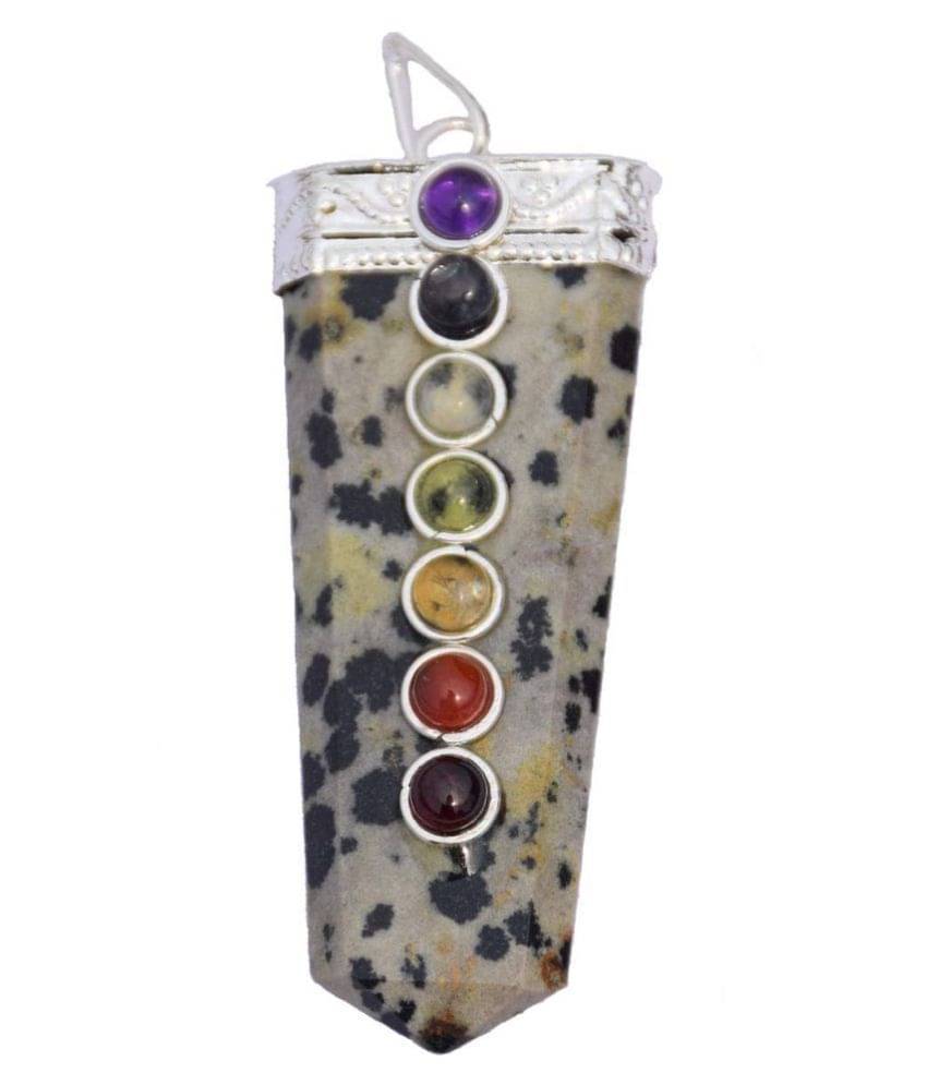 Rudradivine White Stone Dalmation Jasper Stone Flat Shape Cap Pencil Pendant with Seven Chakra for Unisex Rudradivine White Stone Dalmation Jasper Stone Flat Shape Cap Pencil Pendant with Seven Chakra for Unisex