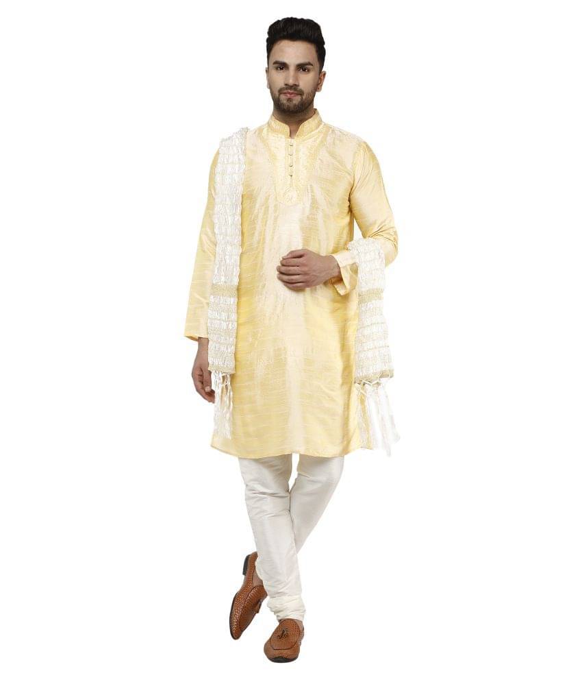 SKAVIJ Beige Silk Blend Kurta Pyjama Set SKAVIJ Beige Silk Blend Kurta Pyjama Set