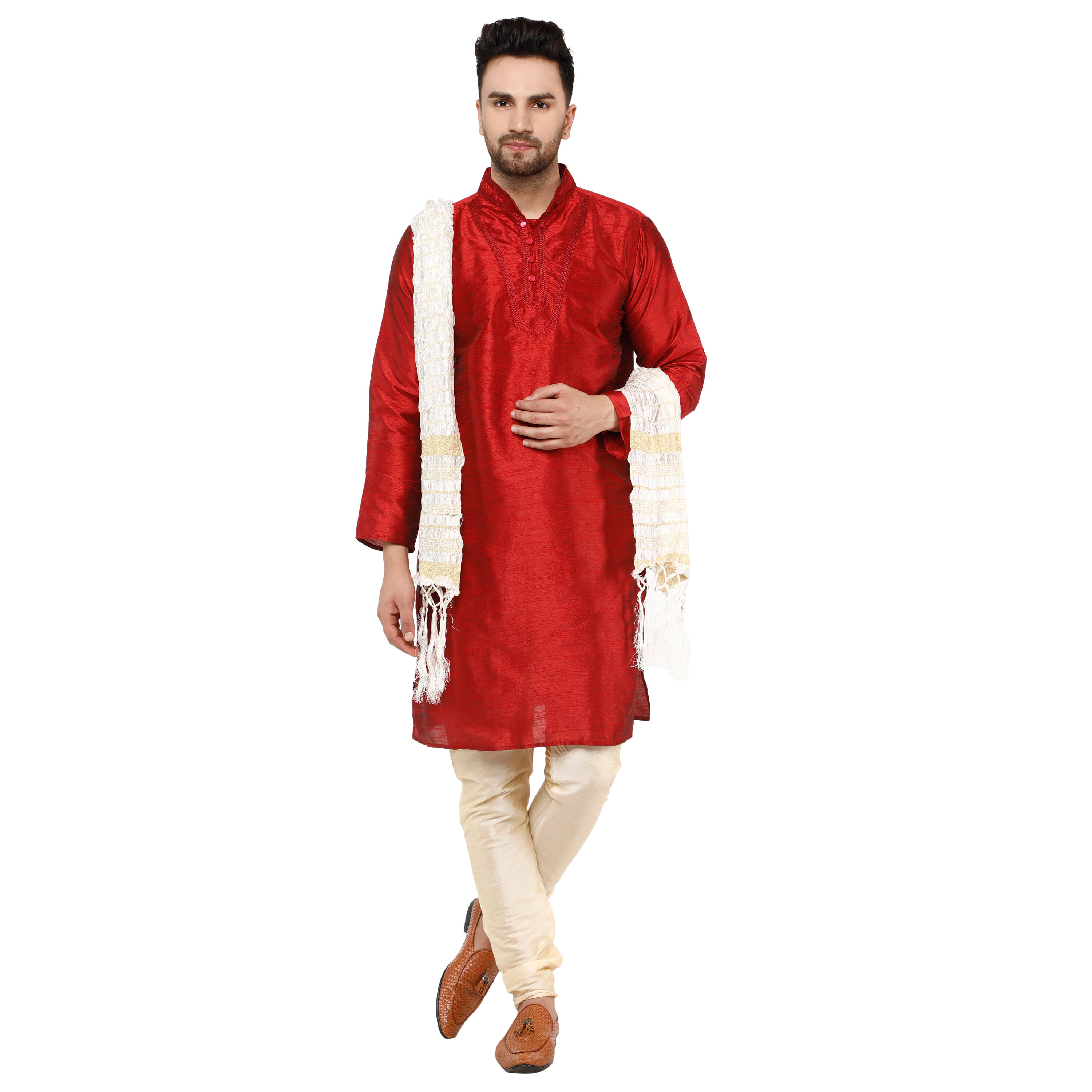 SKAVIJ Red Silk Blend Kurta Pyjama Set SKAVIJ Red Silk Blend Kurta Pyjama Set