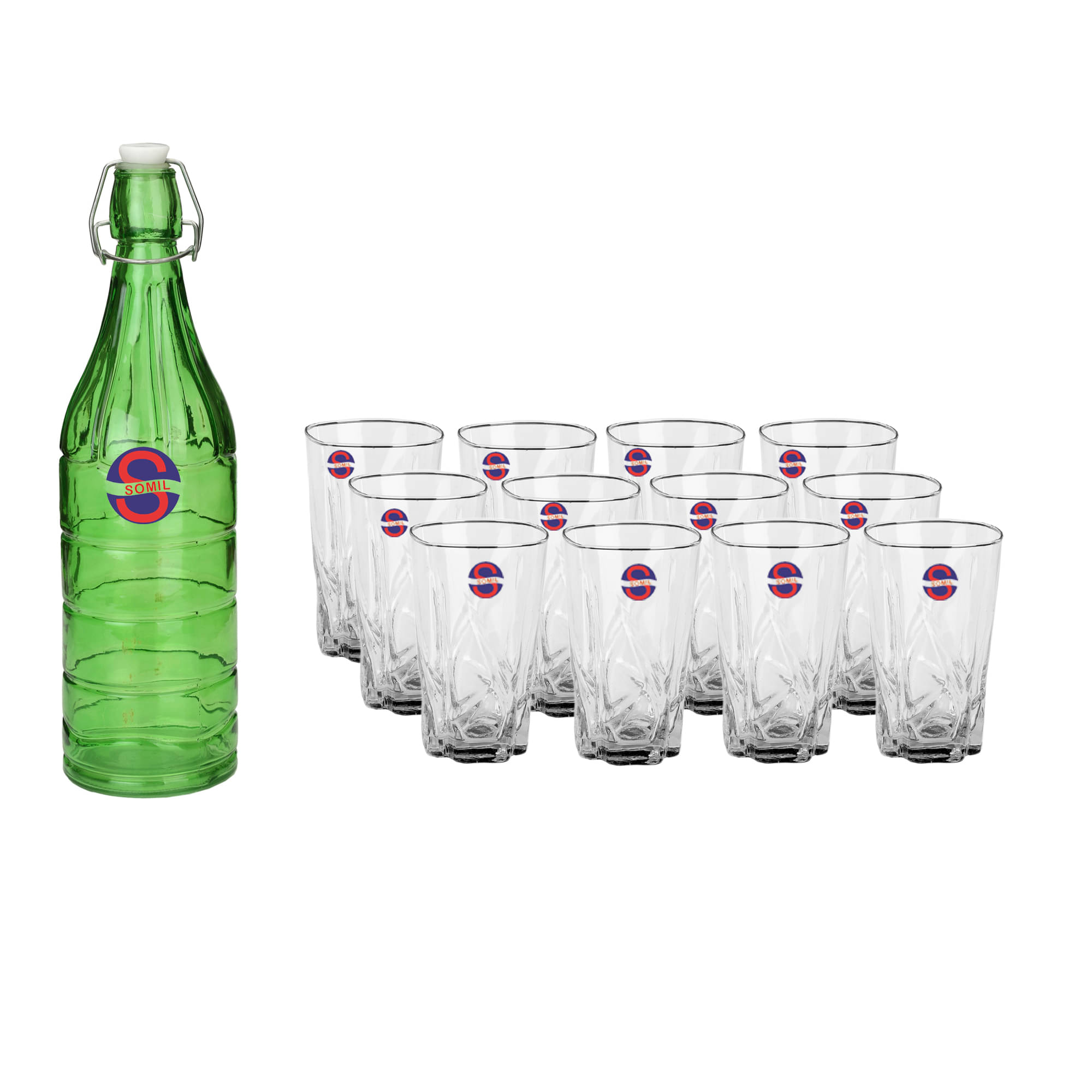     			Somil Glass Bottle Glass Set, Transparent, Pack Of 13, 1000 ml