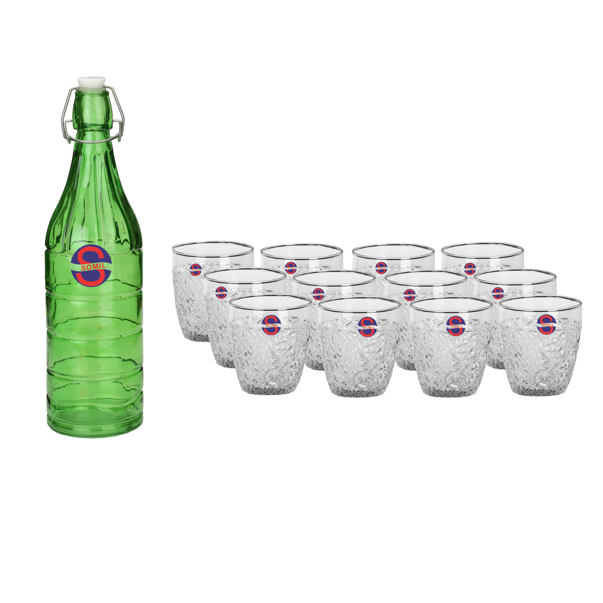     			Somil Glass Bottle Glass Set, Transparent, Pack Of 13, 1000 ml