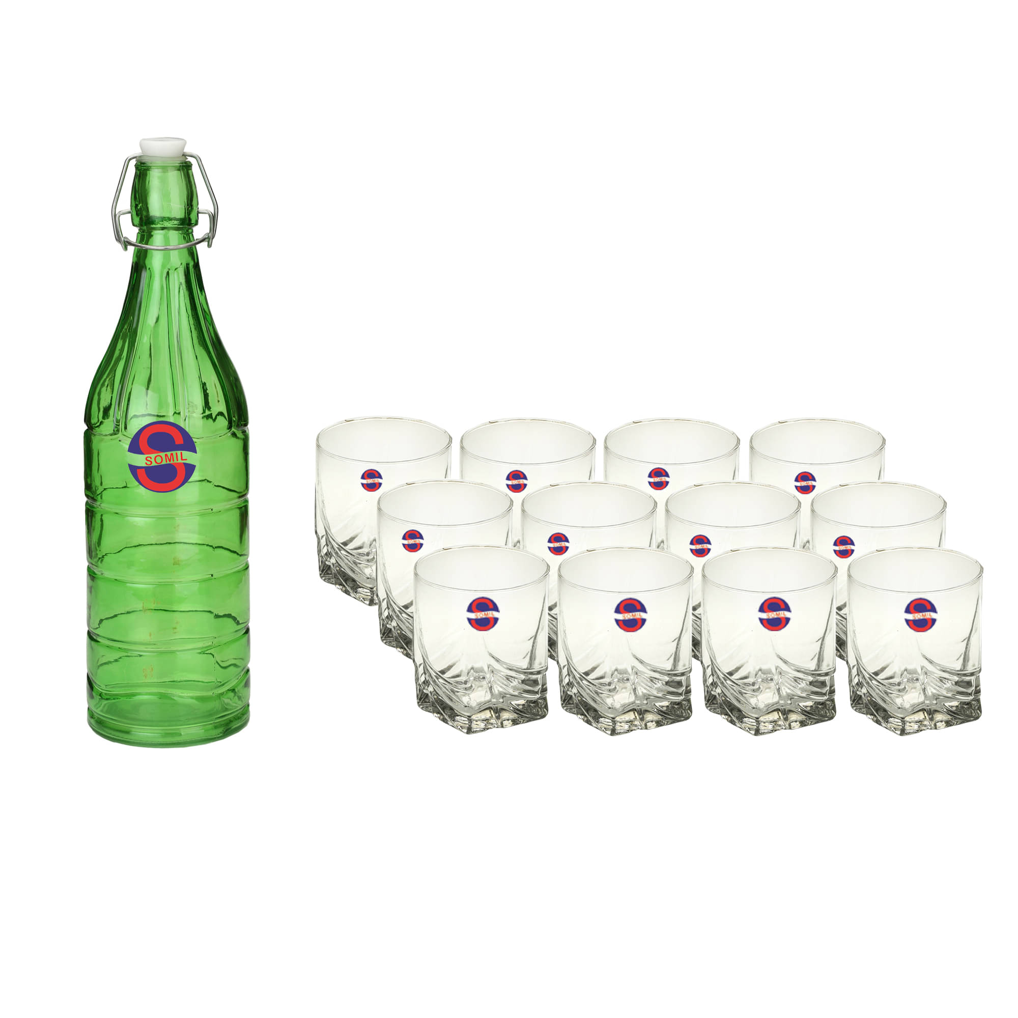     			Somil Glass Bottle Glass Set, Transparent, Pack Of 13, 1000 ml