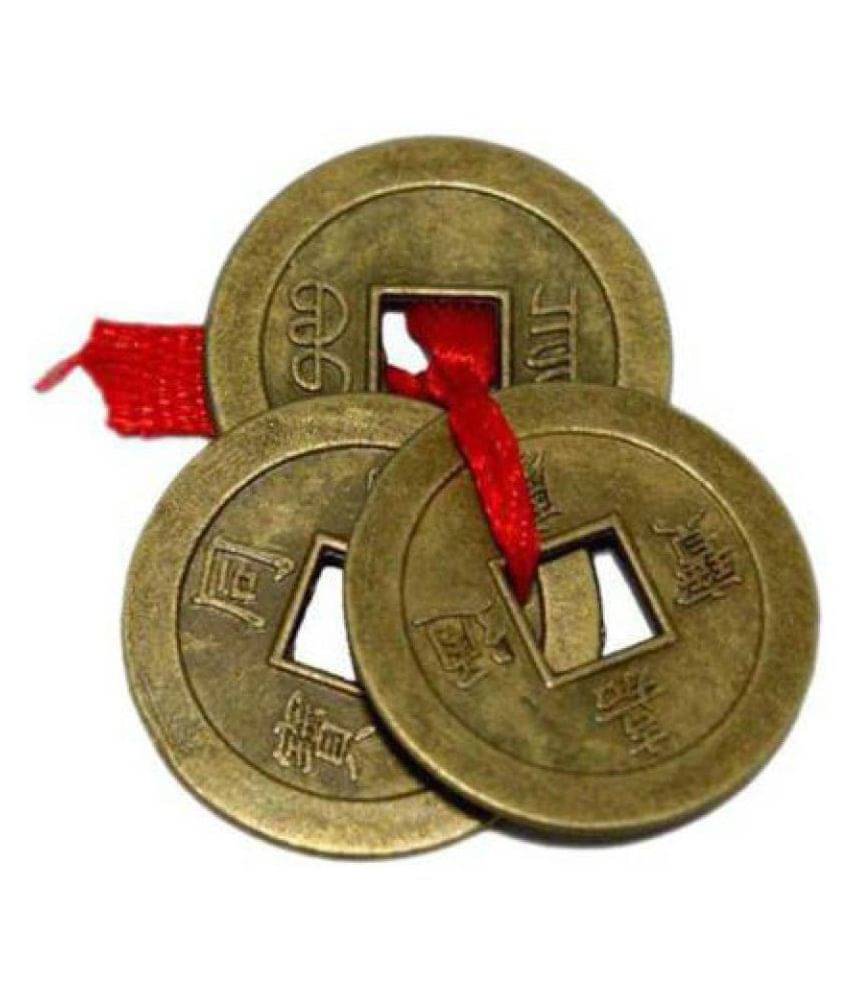     			Feng Shui Lucky Three Chinese Coins Tied in Red Ribbon for Wealth