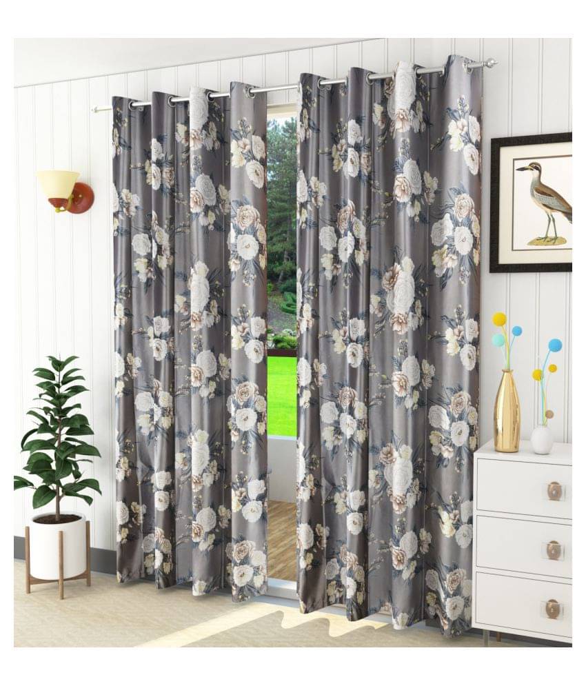     			Homefab India Floral Blackout Eyelet Long Door Curtain 9ft (Pack of 2) - Grey