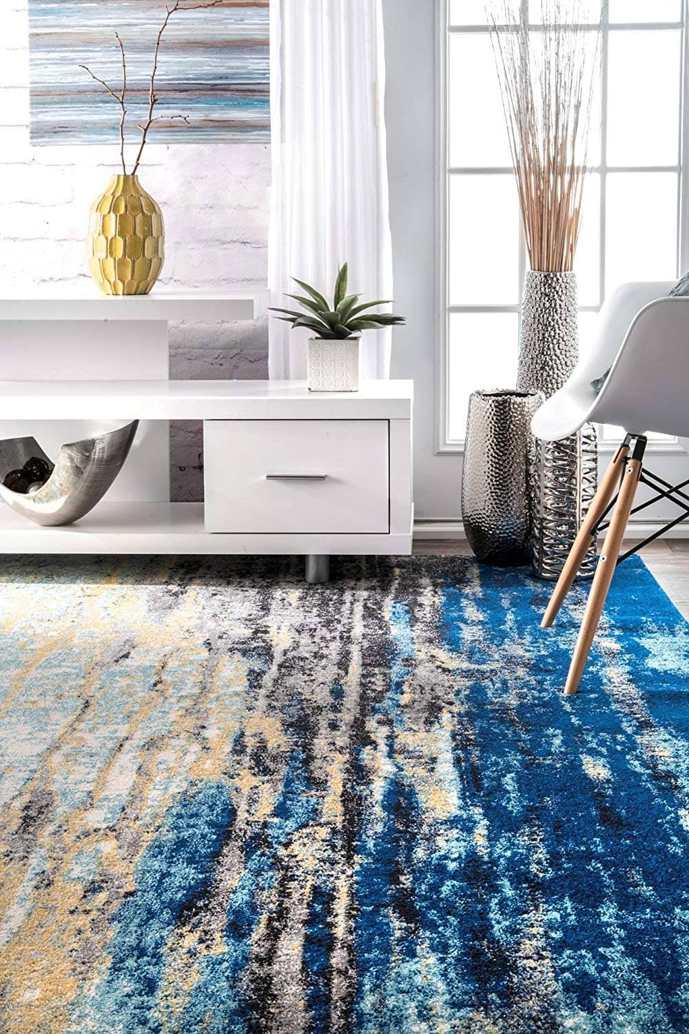     			Status Blue Polyester Carpet Abstract 3x5 Ft