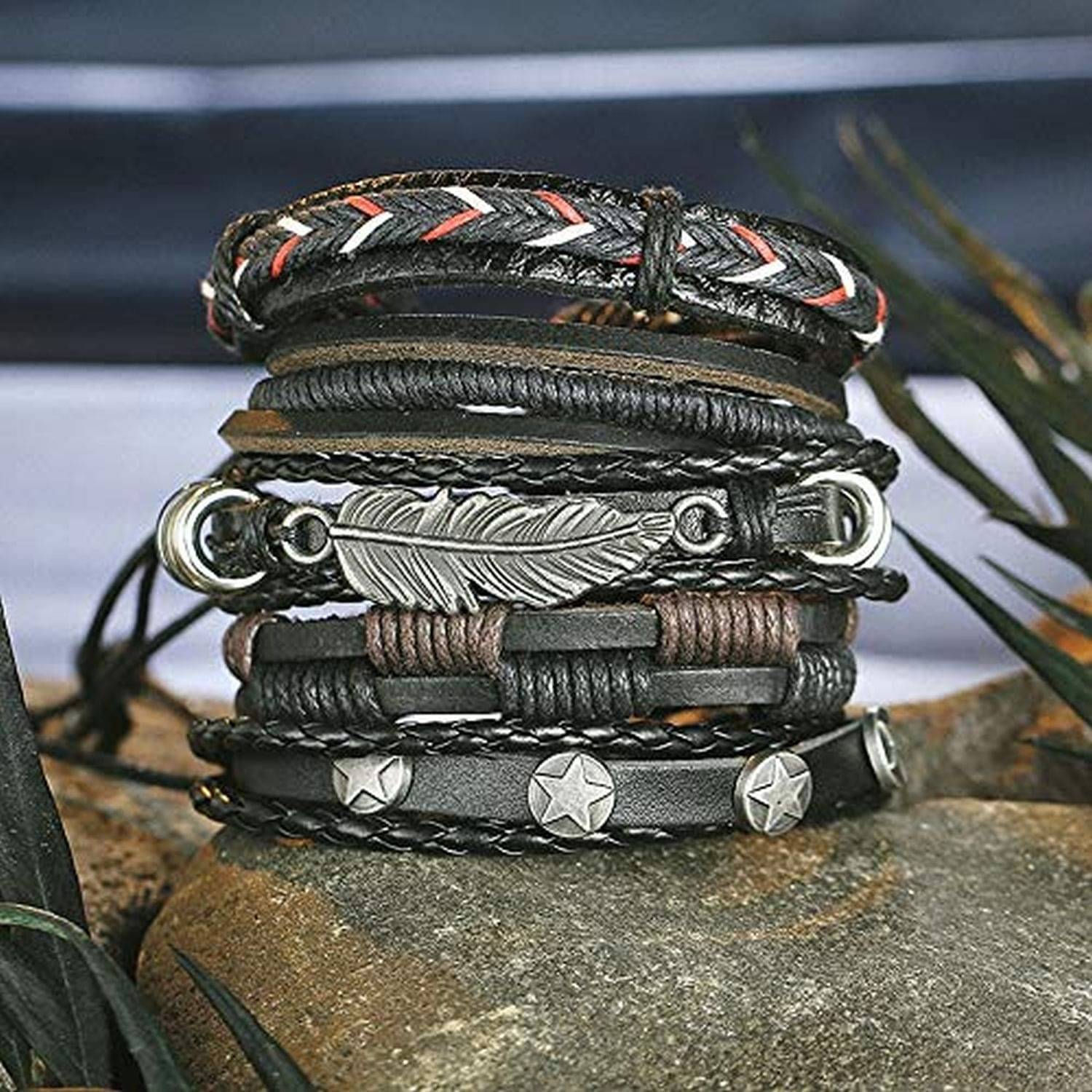 ZIVOM Stylish Feather 100% Genuine Black Leather Wraps Casual Party Wear Skin Friendly Bracelets Pack of 5 Men Boys     			ZIVOM Stylish Feather 100% Genuine Black Leather Wraps Casual Party Wear Skin Friendly Bracelets Pack of 5 Men Boys
