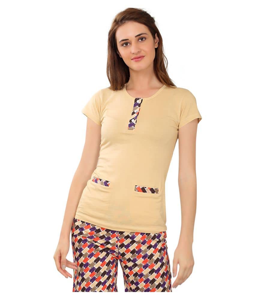 Zebu Women Cotton Solid Regular Fit Round Neck T-Shirt ( Beige )