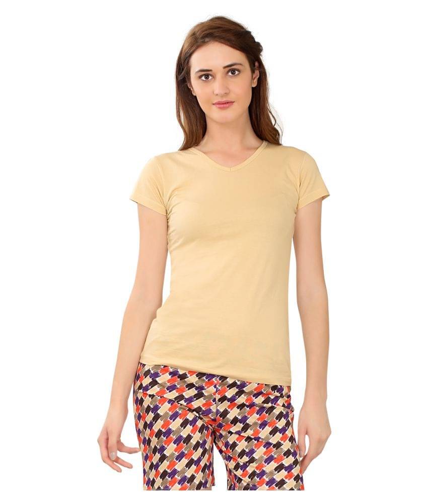     			Zebu Women Cotton Solid Regular Fit Round Neck T-Shirt ( Beige )