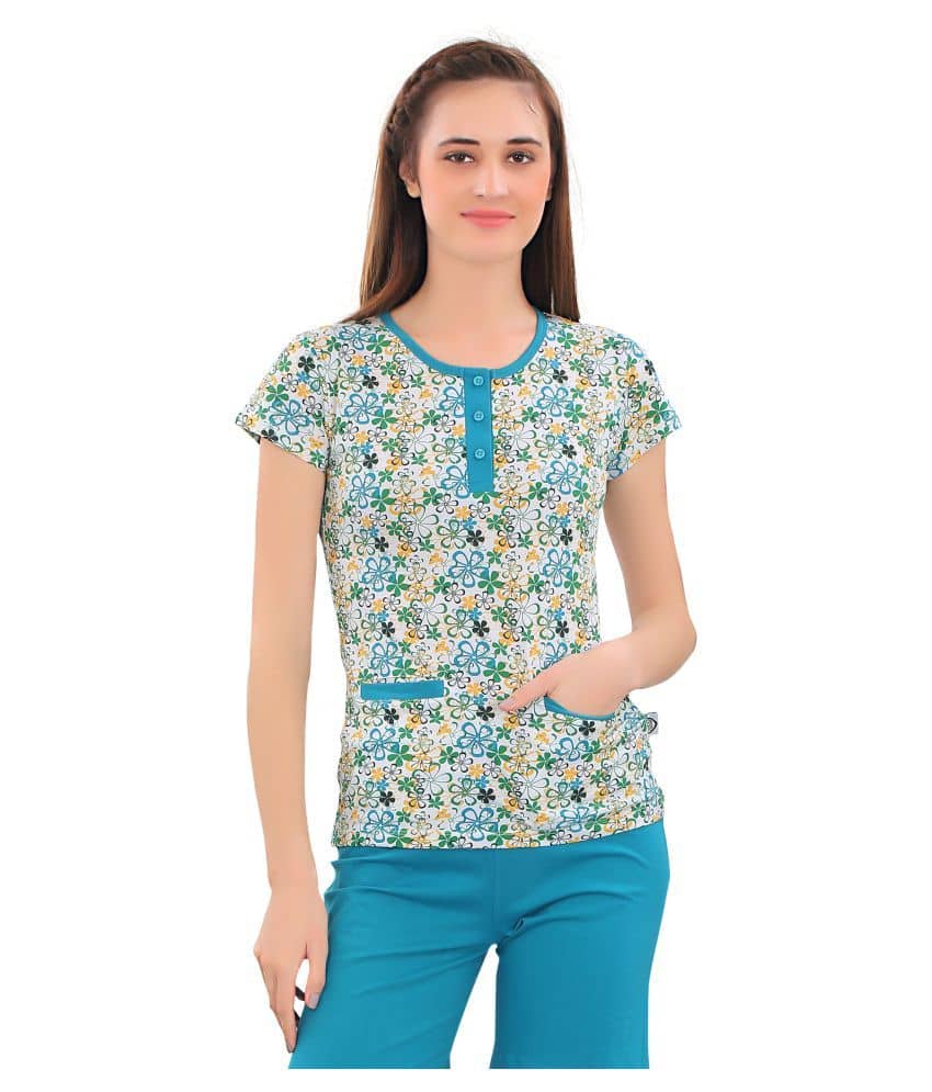 Zebu Women Cotton Printed Regular Fit Round Neck T-Shirt ( Turquoise )