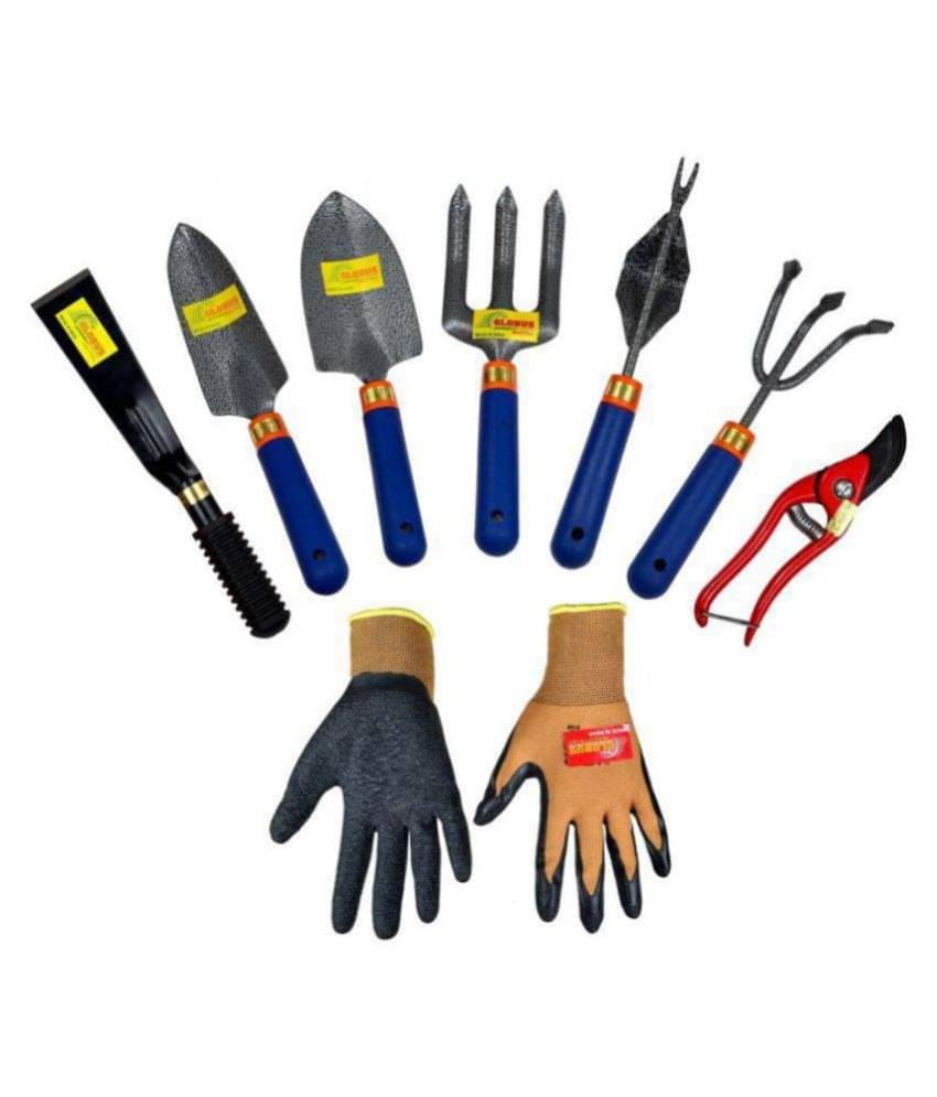     			GLOBUS GARDEN TOOLS SET/5 PCS WITH KHURPA 2" ( 50 MM ), RED PRUNER 8" AND GARDEN GLOVES. 