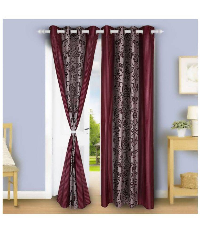     			E-Retailer Set of 2 Long Door Semi-Transparent Eyelet Polyester Curtains Maroon