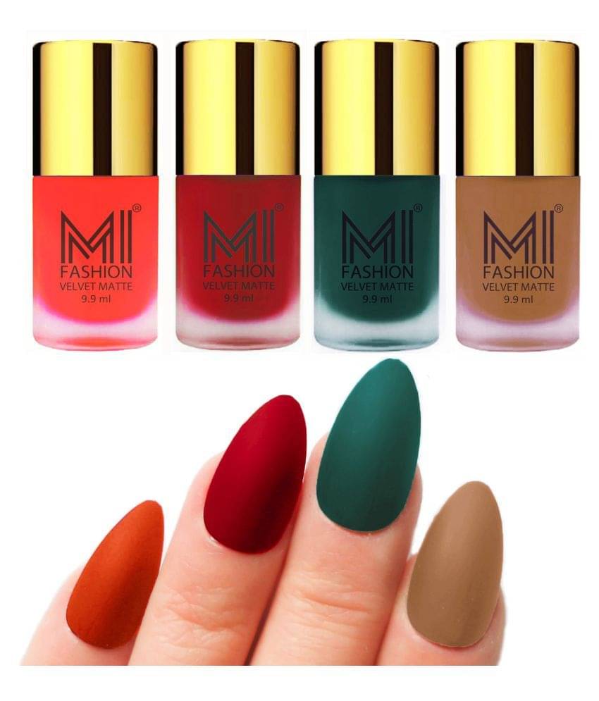     			MI FASHION Dull Rough Velvet Matte Nail Polish Orange,Red,Dark Green,Saffron Matte 39.6 ml Pack of 4