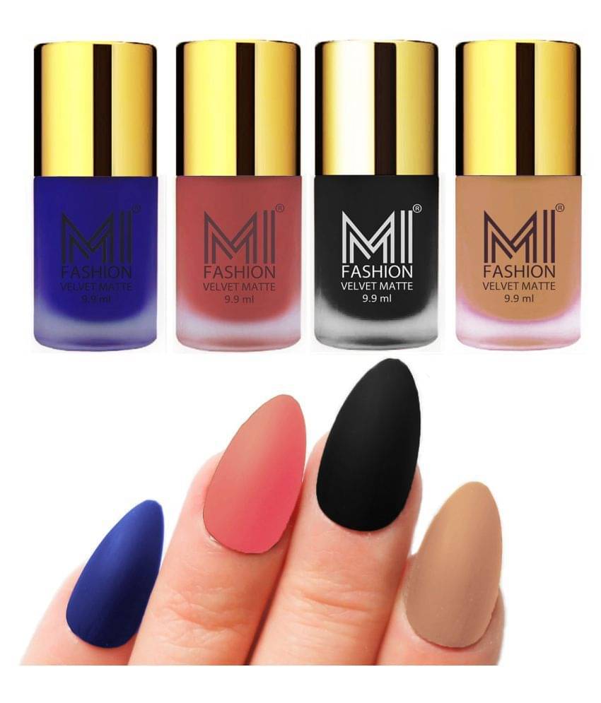 MI FASHION Dull Rough Velvet Matte Nail Polish Royal Blue,Peach,Black,Saffron Matte Pack of 4 mL MI FASHION Dull Rough Velvet Matte Nail Polish Royal Blue,Peach,Black,Saffron Matte Pack of 4 mL