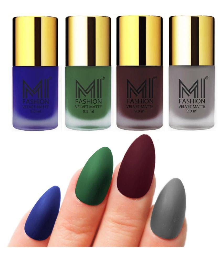 MI FASHION Dull Rough Velvet Matte Nail Polish Royal Blue,Green,Wine,Saffron Matte 39.6 ml Pack of 4     			MI FASHION Dull Rough Velvet Matte Nail Polish Royal Blue,Green,Wine,Saffron Matte 39.6 ml Pack of 4