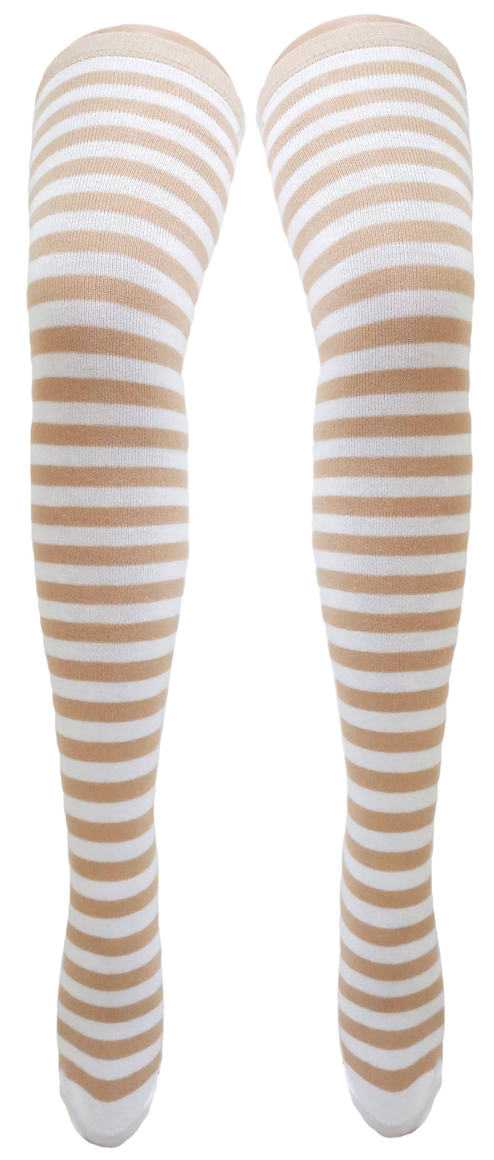     			Neska Moda Women’s Beige Striped Cotton Thigh-High Stockings-STK14