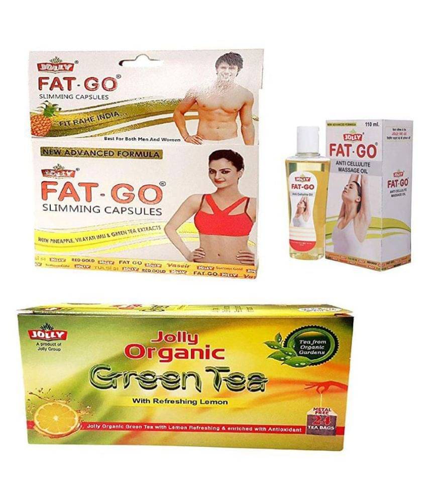 Jolly Pharma Fat Go Capsules & Fat Go Massage Oil - Green Tea Sachets -Fat Burner Products Pack of 3 Jolly Pharma Fat Go Capsules & Fat Go Massage Oil - Green Tea Sachets -Fat Burner Products Pack of 3