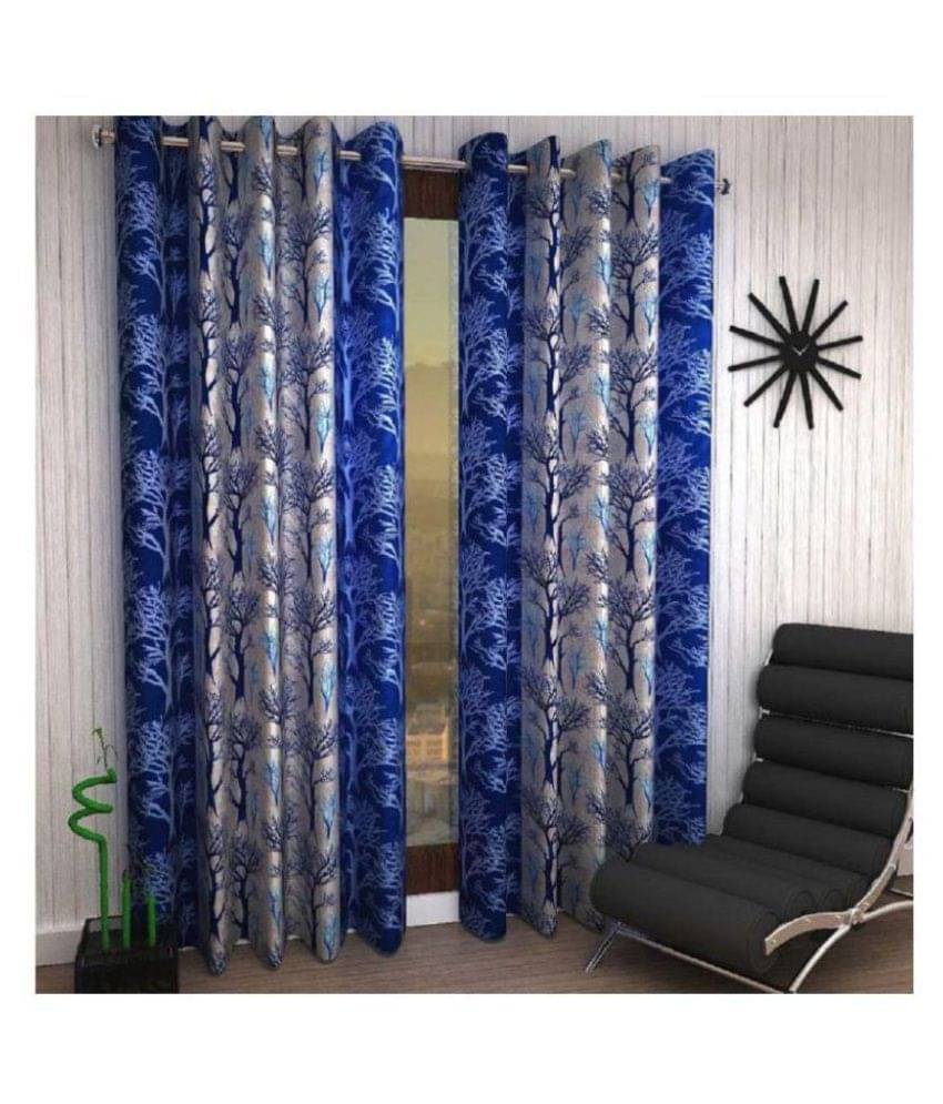     			Phyto Home Floral Semi-Transparent Eyelet Door Curtain 7 ft Pack of 2 -Blue