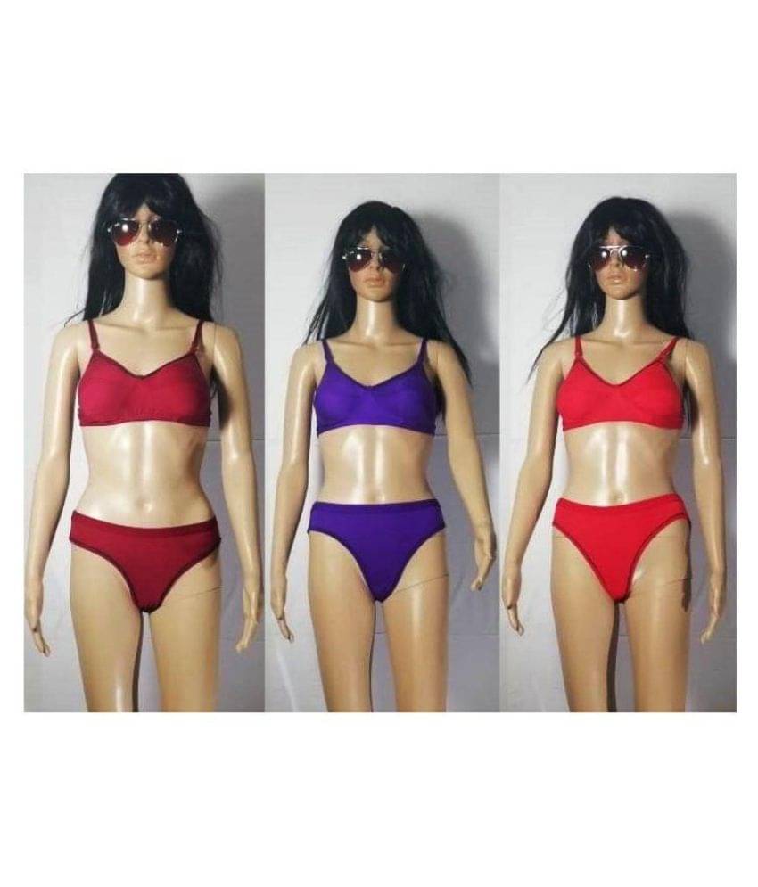     			(PACK OF 3) Women's Plain Sexy Lingerie Bra-Panty Set- Multi-Color