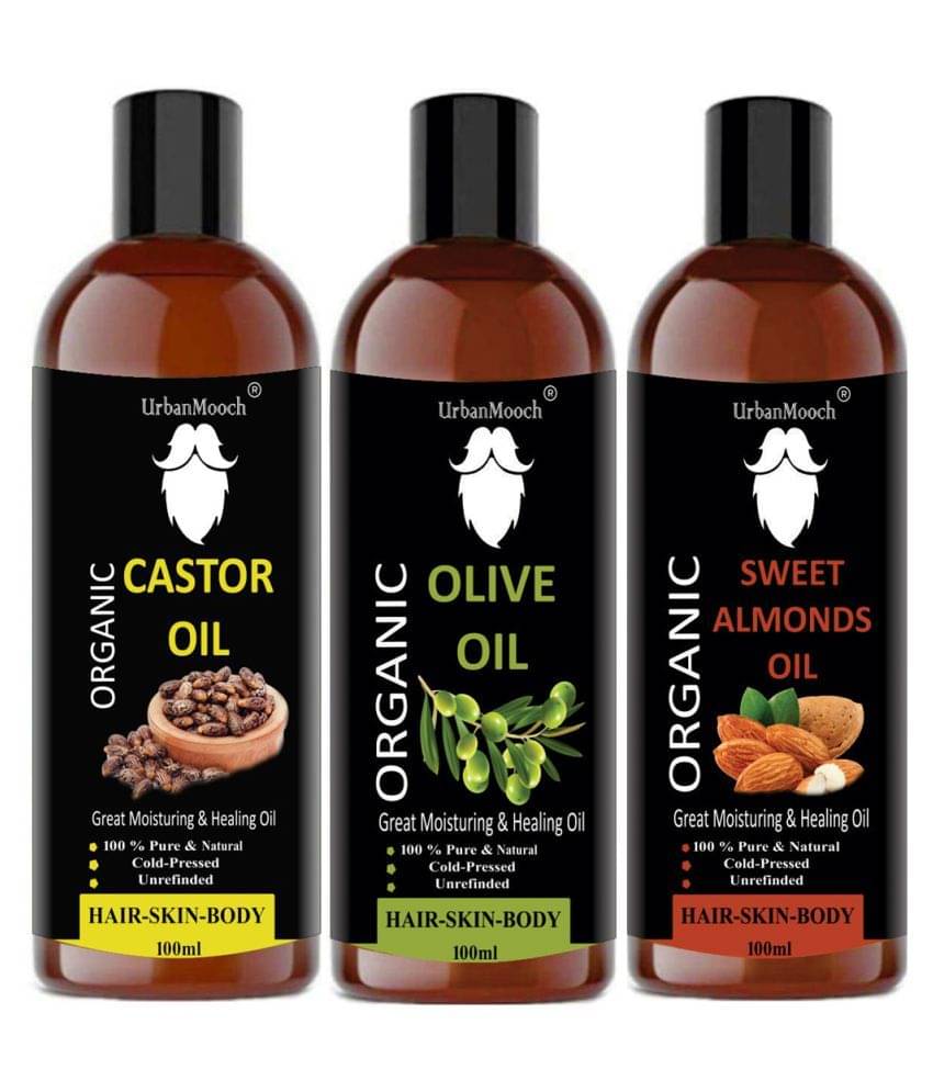 UrbanMooch 100% Pure & Natural Castor Oil & Virgin Olive Oil & Almond 300 ml Pack of 3     			UrbanMooch 100% Pure & Natural Castor Oil & Virgin Olive Oil & Almond 300 ml Pack of 3