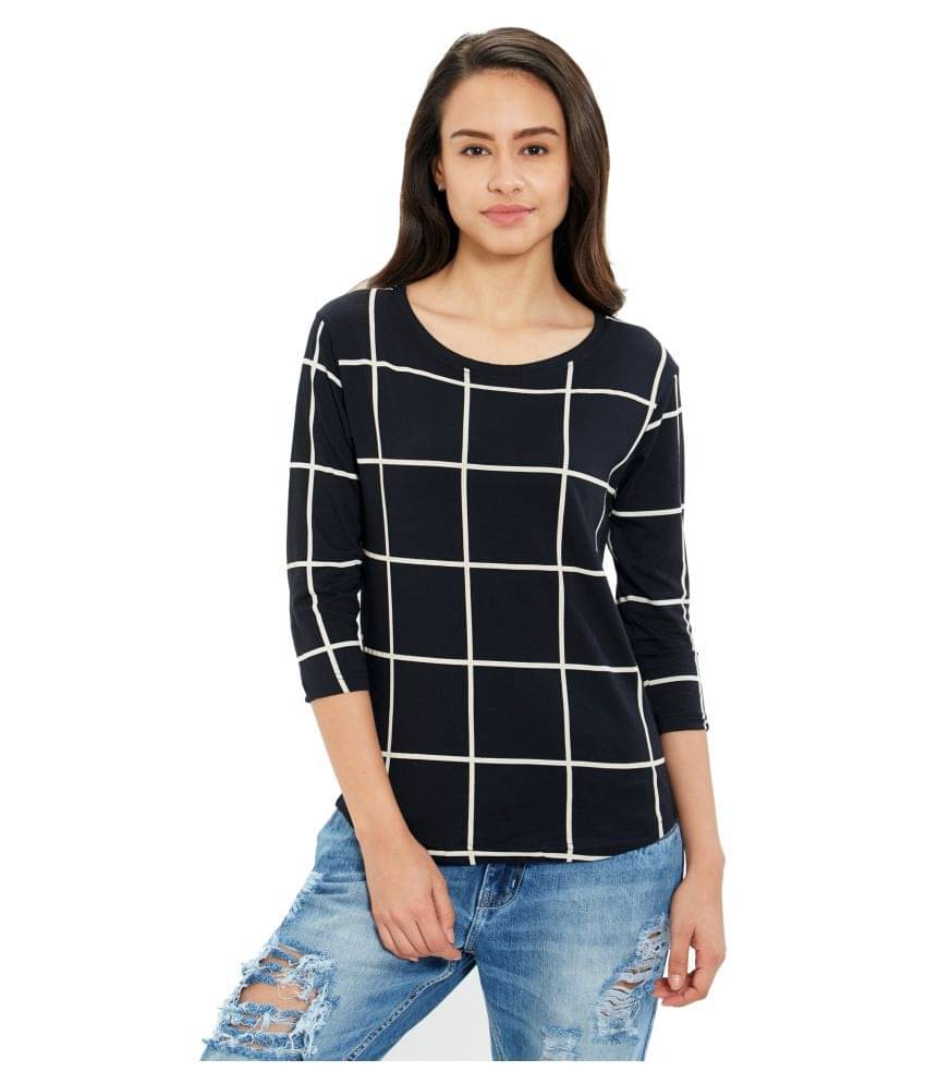 Maniac Women Cotton Checks Regular Fit Round Neck T-Shirt ( Black )     			Maniac Women Cotton Checks Regular Fit Round Neck T-Shirt ( Black )