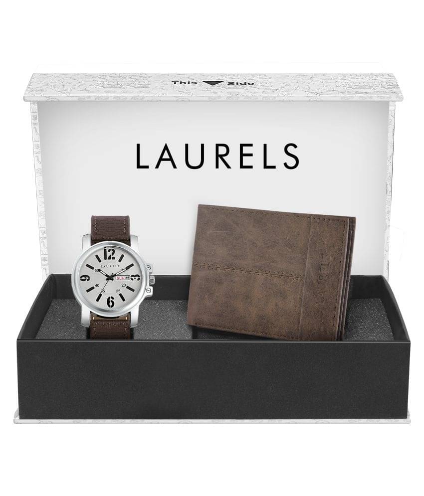     			Laurels Combo Pack: Gun Metal Day & Date Function Men Watch, Brown Suade Finish Brown Wallet-CP-CM-070907-HYDE-09