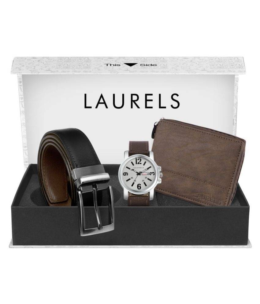     			Laurels Combo Pack: Gun Metal Day & Date Function Watch, Brown Zipper Wallet & Black- Brown Reversible Belt-CP-CM-070907-ZIP-09-MG-0209