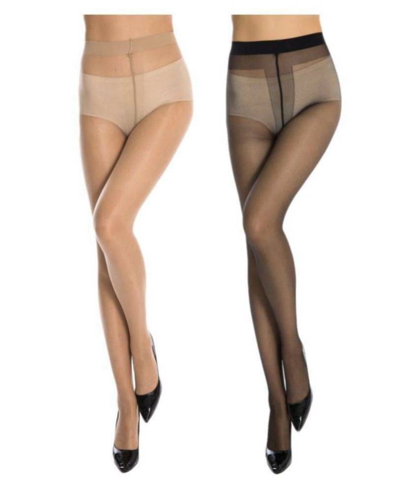     			Neska Moda Women's 2 Pair Black & Skin Panty Hose Long Comfort Stockings Tights