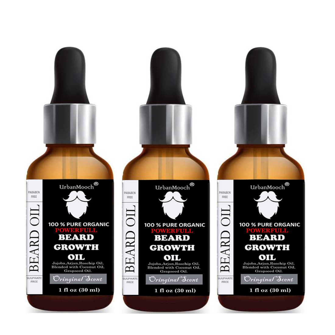 Urbanmooch Organic Powerful Beard & Mustache Growth Oil With Jojoba & Argan 90 mL Pack Of 3(Each 30mL) Urbanmooch Organic Powerful Beard & Mustache Growth Oil With Jojoba & Argan 90 mL Pack Of 3(Each 30mL)