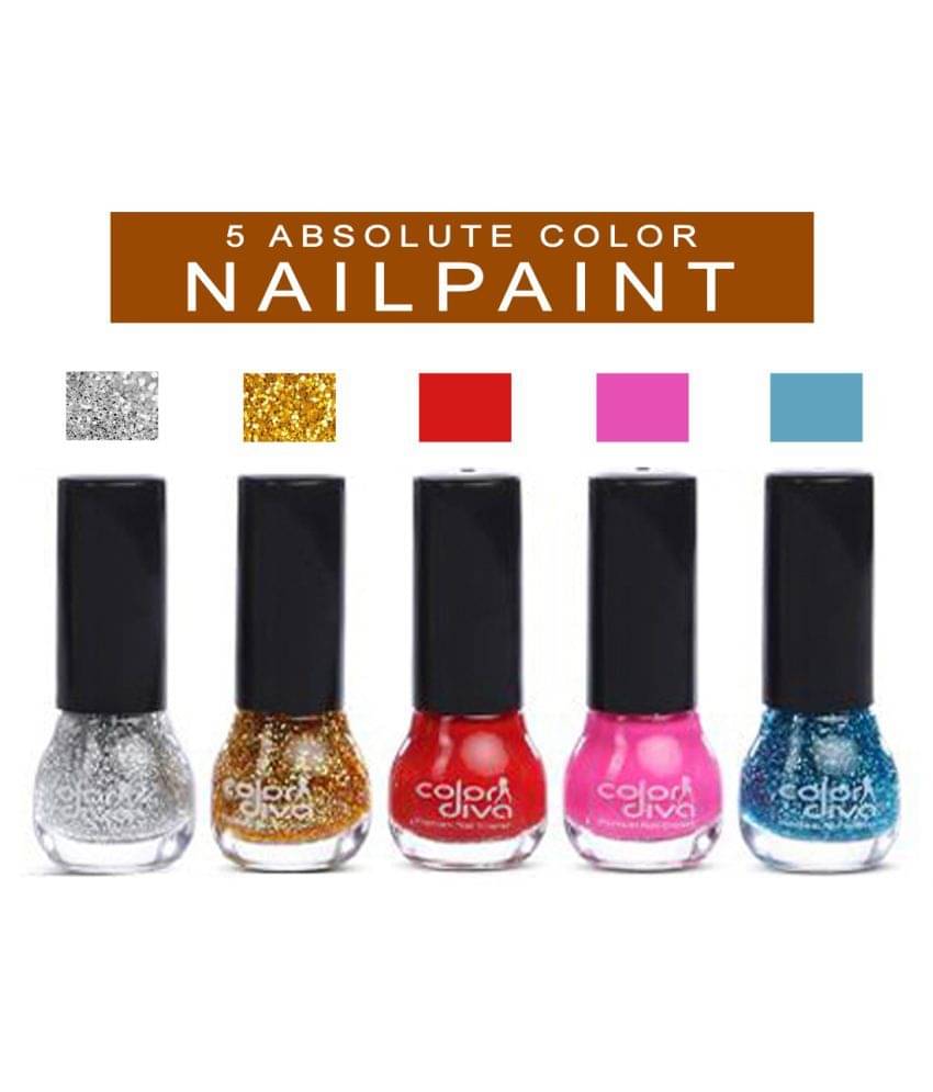     			COLOR DIVA 5-Absolute Nail Paint(Silver Sparkle,Golden Sparkle,Red,Pink,Blue Sparkle) Pack of 5
