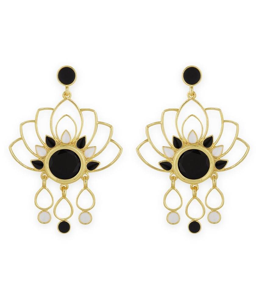     			Spargz Floral Alloy Gold Plated Black Stone Dangle Earring For Women