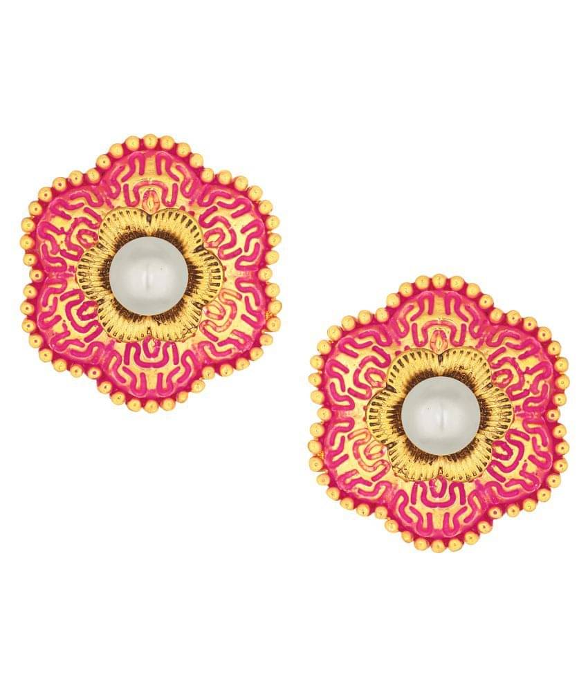     			Spargz Floral Stud Enamel Festive Wear Alloy Gold Plated Pearl Earring For Women