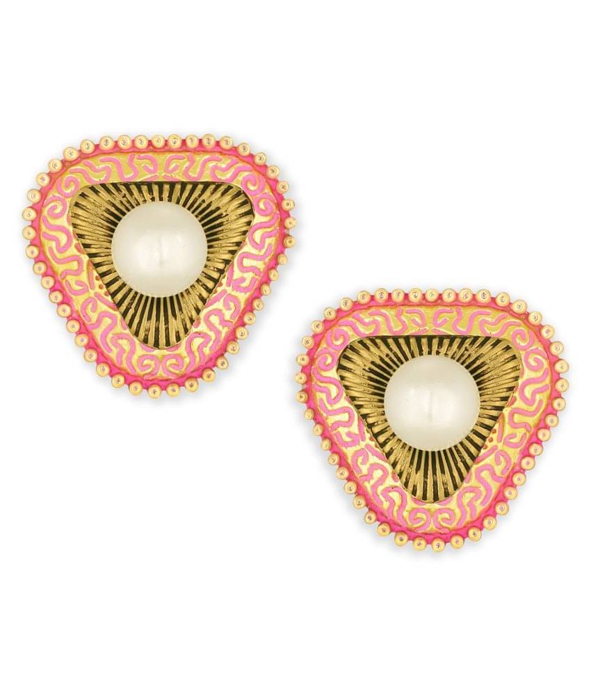 Spargz Triangular Stud Enamel Festive Wear Alloy Gold Plated Pearl Earring For Women Spargz Triangular Stud Enamel Festive Wear Alloy Gold Plated Pearl Earring For Women
