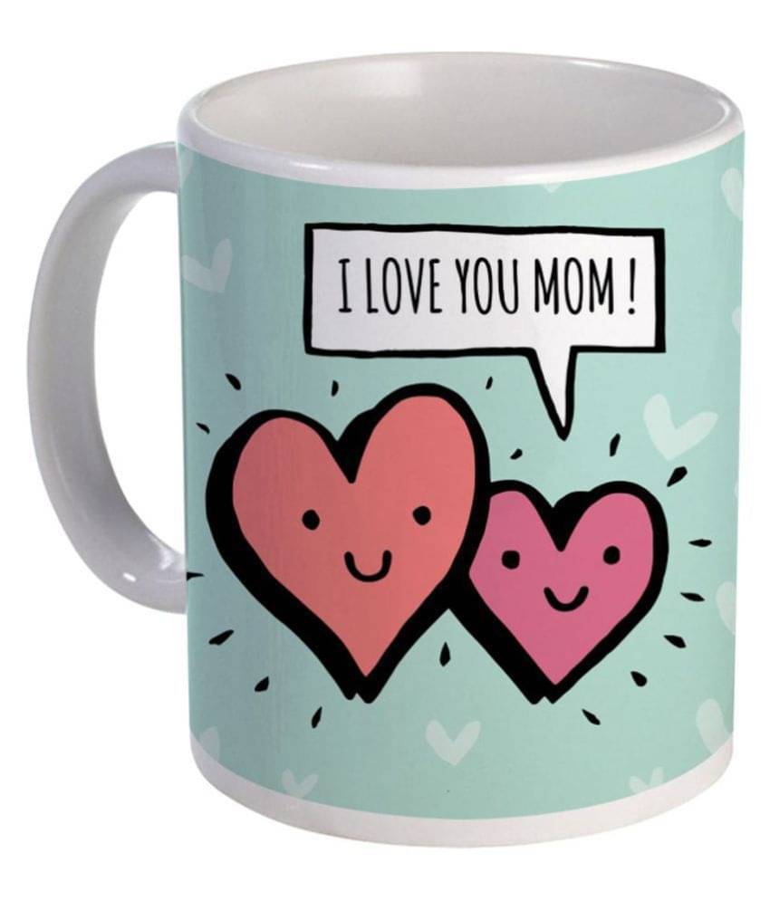     			COLOR YARD best I love you MOM with two smile heart design Ceramic Coffee Mug 1 Pcs 325 mL