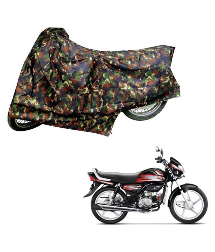 AutoRetail Dust Proof Two Wheeler Polyster Cover for Hero HF Deluxe (Mirror Pocket, Jungle Color)     			AutoRetail Dust Proof Two Wheeler Polyster Cover for Hero HF Deluxe (Mirror Pocket, Jungle Color)