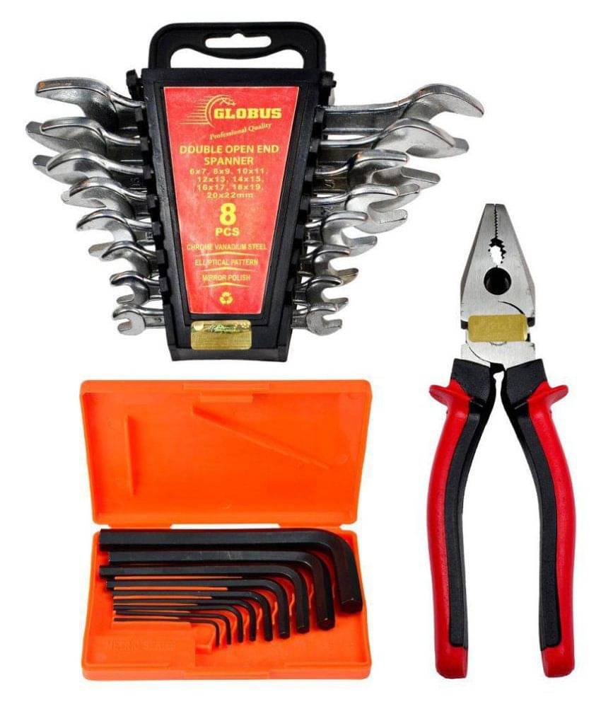     			GLOBUS HAND TOOL SET/3 PCS ( DOUBLE OPEN END SPANNER SET/8 PCS IN CHROME MATT FINSIH, ALLEN KEY SET/9 PCS AND 8" COMBINATION PLIER