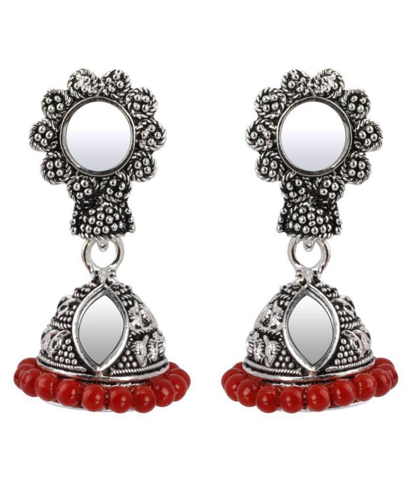     			Silver Shine Lovely Red Mirror with Beads Jhumki Earring.