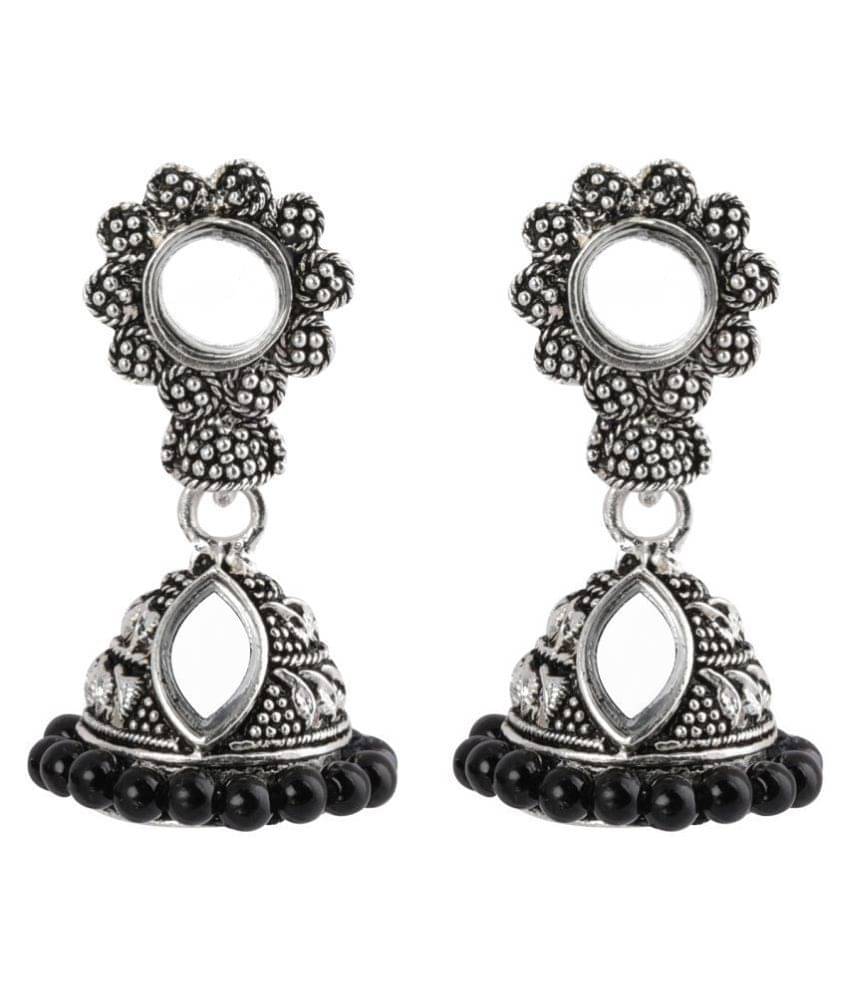     			Silver Shine Pretty Black Mirror with Beads Jhumki Earrings.