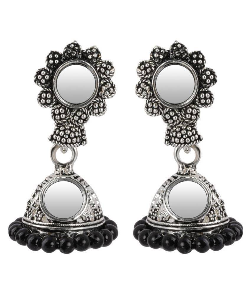     			Silver Shine Spunky Green Mirror with Beads Jhumki Earrings.